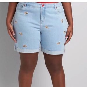 Lane Bryant rainbow embroidered light wash jean shorts 28